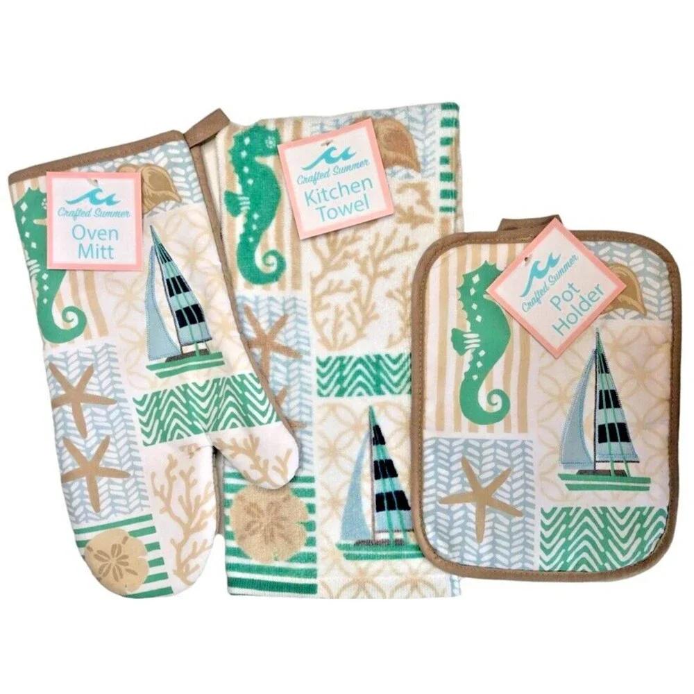 Seahorse Sailboat Dish Towel Oven Mitt Potholder Set of 3 Beach Summer House